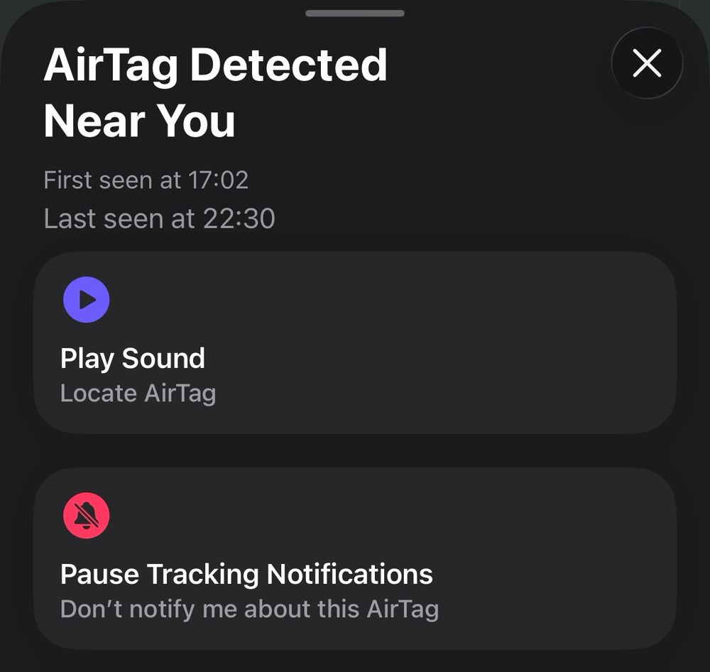 AirTag options. One button stating “Pause Tracking Notifications”