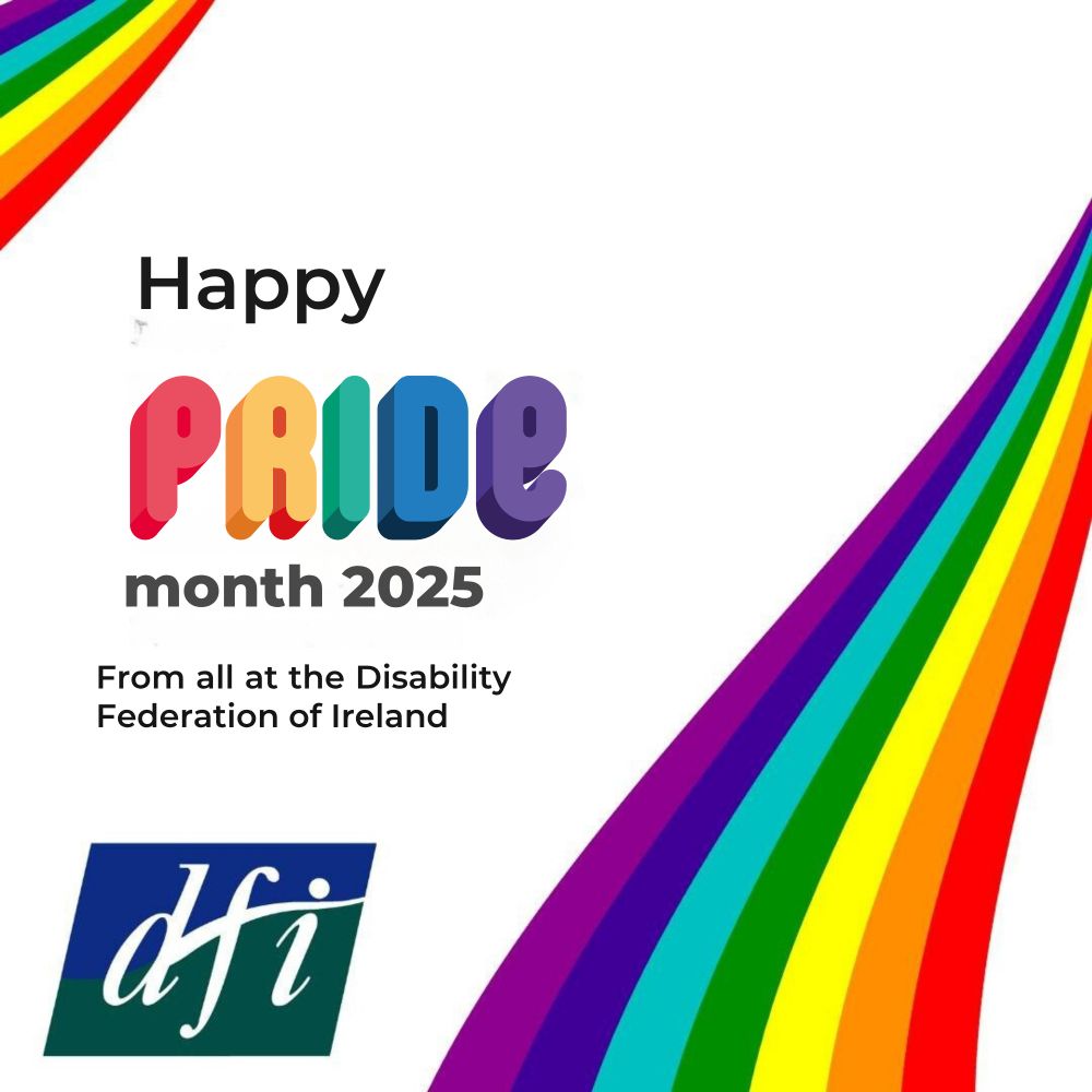 A social media tile with test saying "Happy Pride Month 2025 rom DFI above a DFI logo and a rainbow on the upper left and lower right corners.