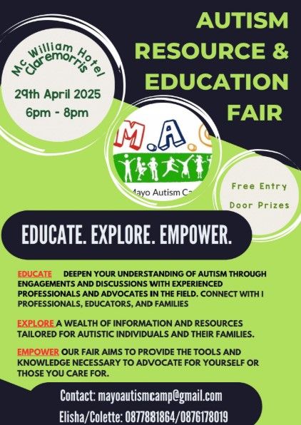 Poster for Mayo Autism Camp's Autism Resource and Education Fair. Contact mayoautismcamp@gmail.com for more.