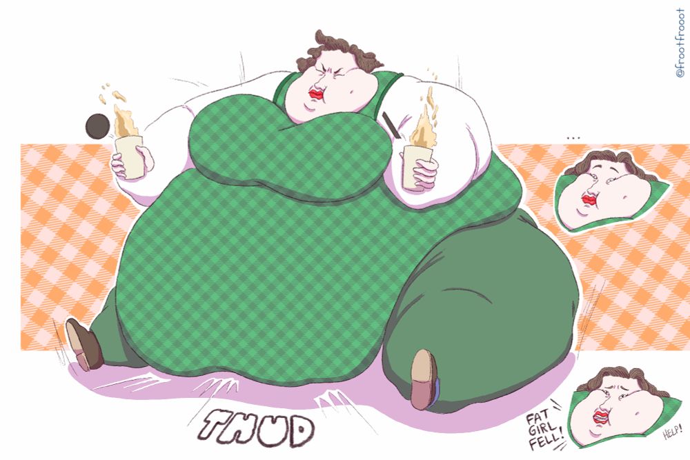 Claira has now fallen, leaving a ground-pounding "THUD" while the coffee cups are completely spilling out. She then looks upset and shouts: "FAT GIRL FELL!" as a way to ask for help.