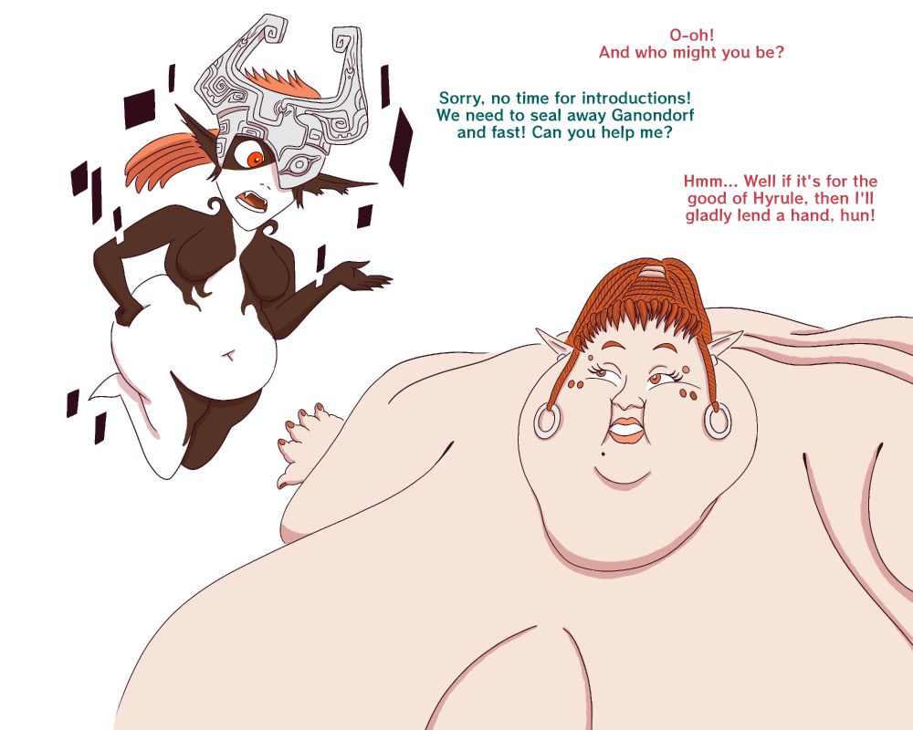An immobile naked Telma (from The Legend of Zelda: Twilight Princess) looks at Midna who just teleported in front of her. Telma says: "O-oh! And who might you be?" and Midna replies: "Sorryn no time for introductions! We need to seal away Ganondorf and fast! Can you help me?" Telma then says: "Hmm... Well if it's for the good of Hyrule, then I'll gladly lend a hand, hun!"