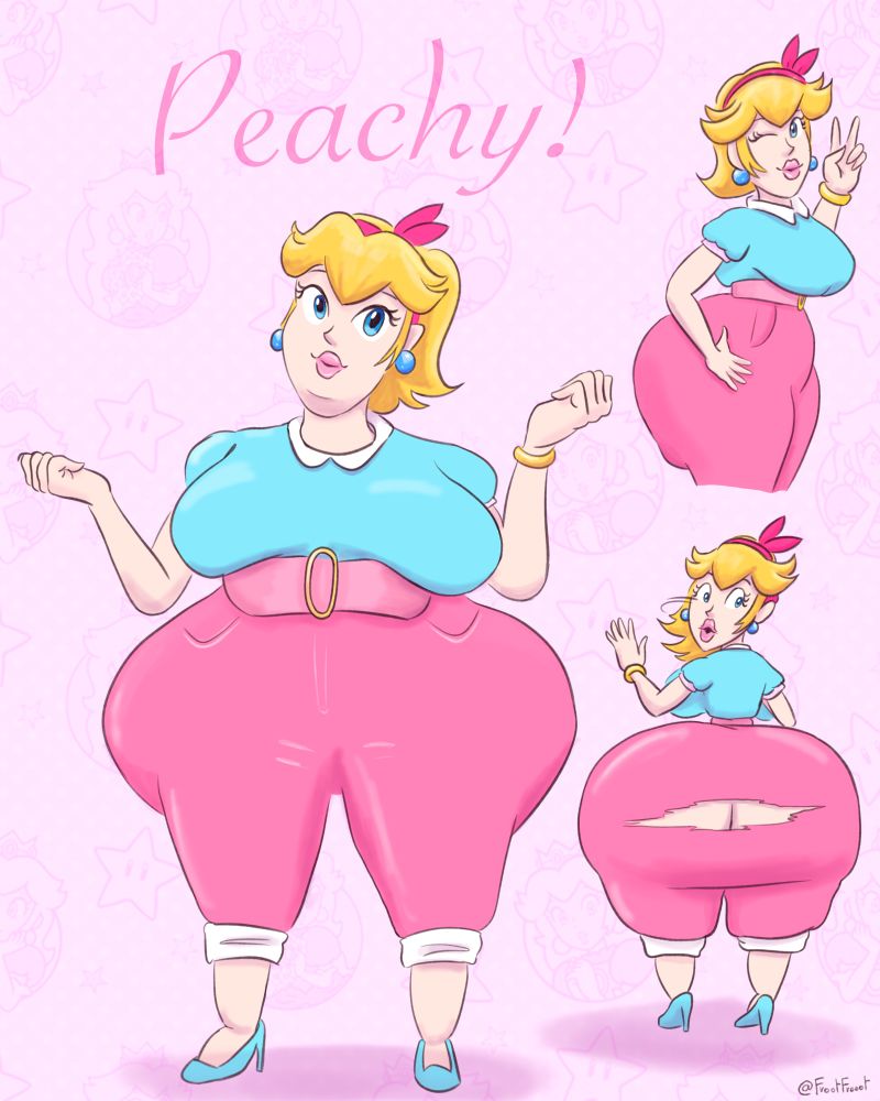 Princess Peach in an alternate outfit from Mario Kart World. She has enormous breasts and extremely wide hips. On a variant image, her pants are bursting and you can see her crack.