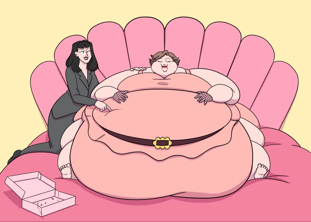 Rose and Melba are now sitting on a vast pink bed. Rose still looks the same and is poking the belly of an even more enormous Melba who nearly takes the whole bed's width and is looking full and content. An empty box of donuts lays close to them.