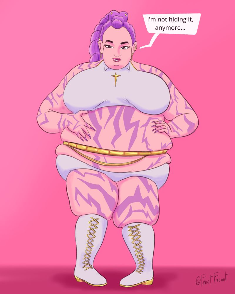 Rumi, from "K-Pop: Demon Hunters" looks fatter than usual and is confidently looking at her belly which features demon marks. She is saying: "I'm not hiding it, anymore..."