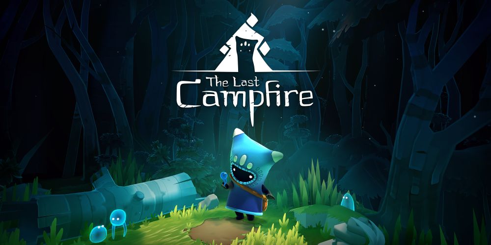 Image de présentation du jeu sur Steam. Les tons sont à la fois sombres et doux, avec le personnage que nous jouons au centre. On distingue la nature autour, avec plusieurs petits personnages lumineux. Il est écrit "The last Campfire" avec un logo en blanc.