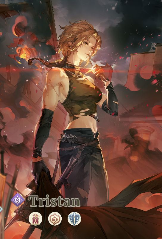 Character "Tristian" standing amidst a smoke filled battlefield scene, clutching at her necklace. 