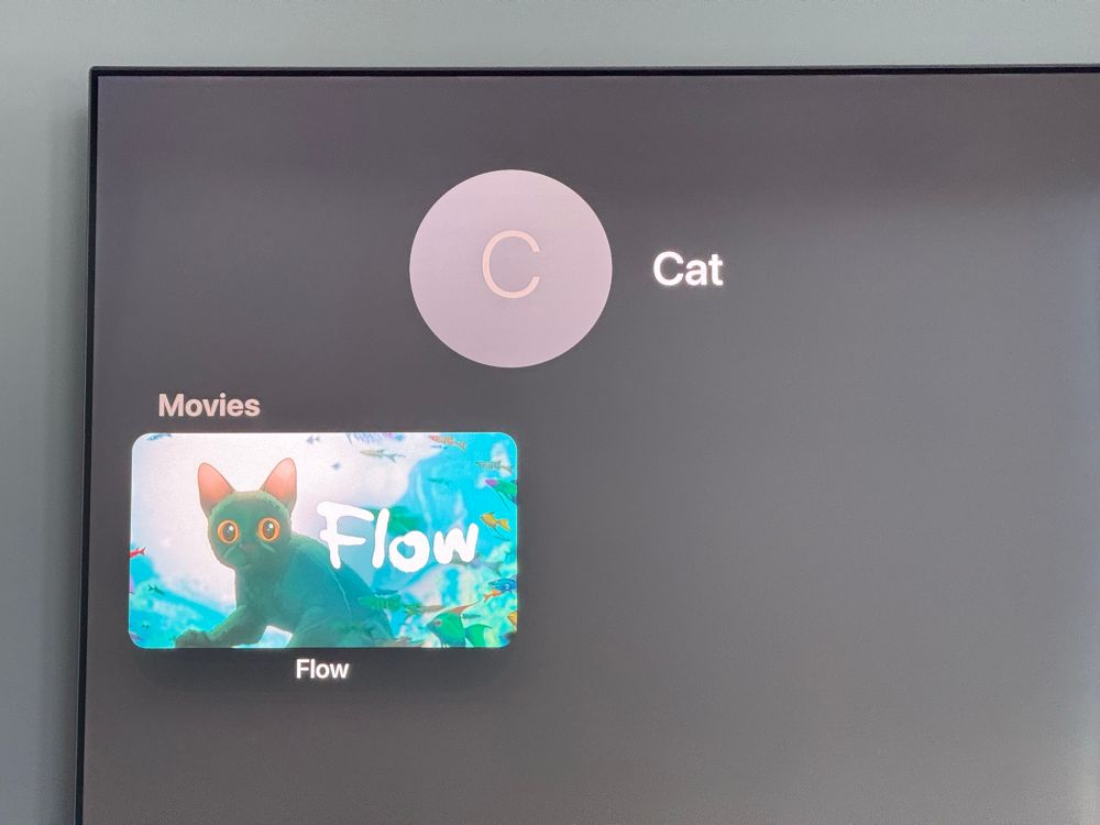 Photo of a TV screen showing the Apple TV credits for “Cat” which include (only) the movie “Flow”