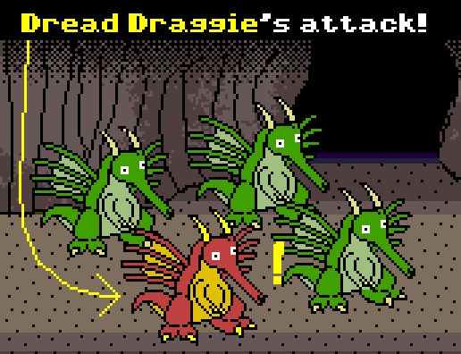 half-screenshot of Vythic: The Dark Burns showing 4 Draggies. one of them is red and labeled as a Dread Draggie, and a bunch of yellow arrows and exclamation points are drawing attention to it