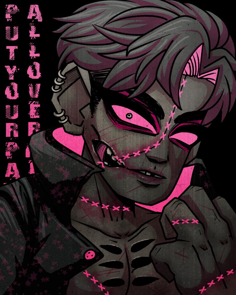 creepy dark zombie dude with bright pink details, and vertical text saying "PUT YOUR PAWS ALL OVER ME, YOU ZOMBIEBOY" on the side