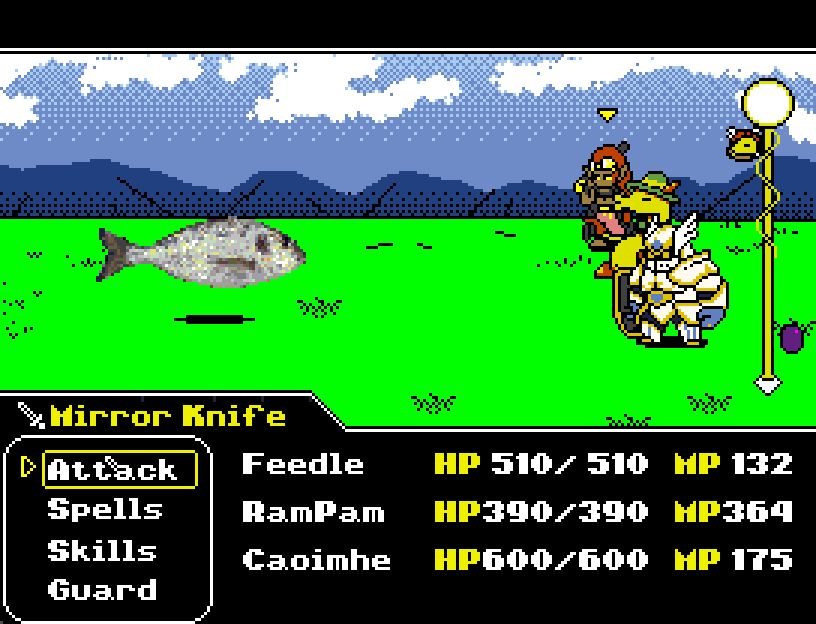 Vythic: The Dark Burns battle UI, the display window featuring your equipped weapon is at the bottom next to the attack command