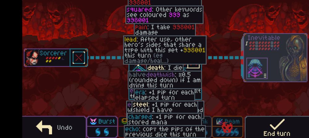 A screenshot of Slice and Dice showing one side with a truly absurd number of modifiers, including "Pain: I take 998001 damage" and "Death: I Die". All but one hero is dead.