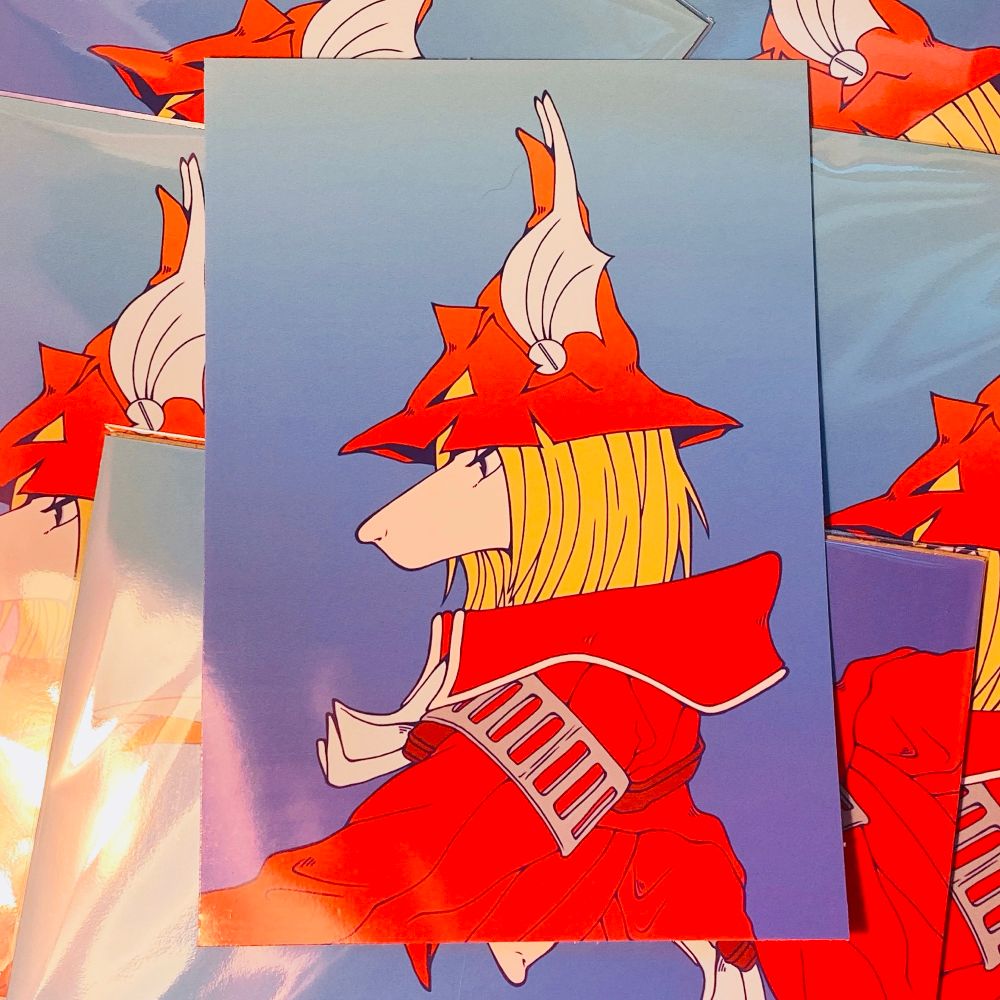 Several prints stacked on top of each other of freya crescent from final fantasy 9 ! Print by @threeratmoon.bsky.social 