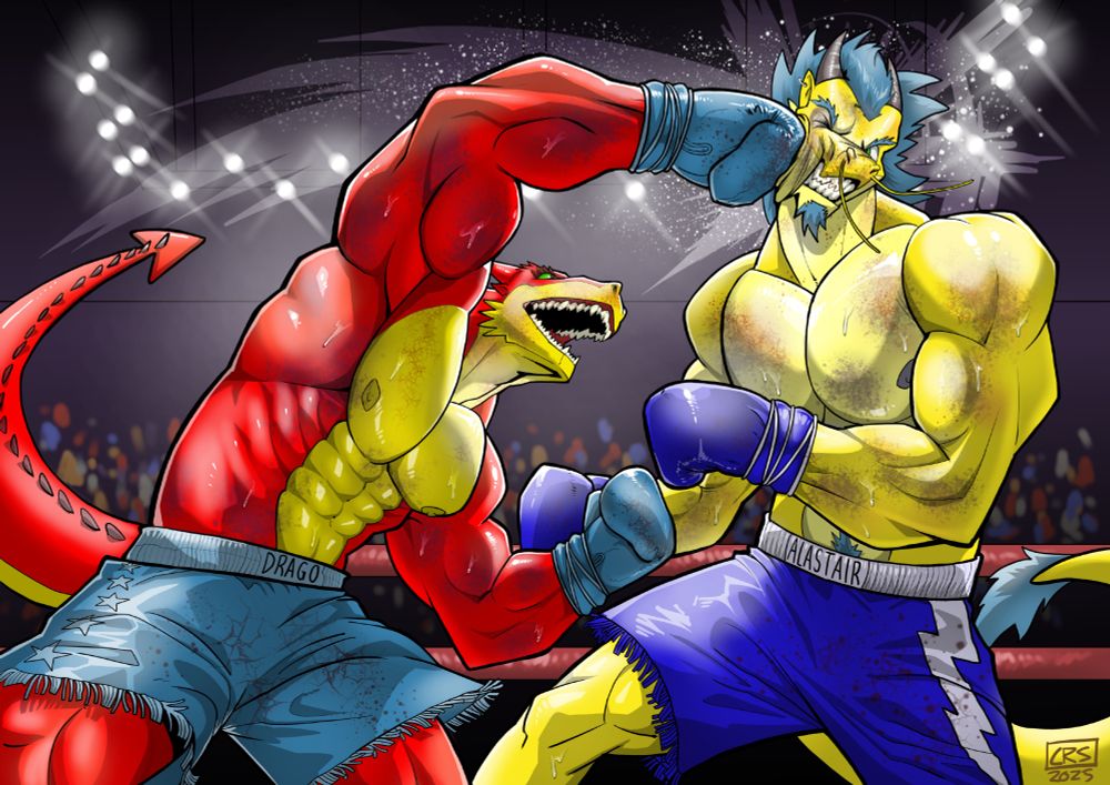 Boxing match with the red dragon (Drago) punching the yellow (Alastair) in the face- done by Crassir.