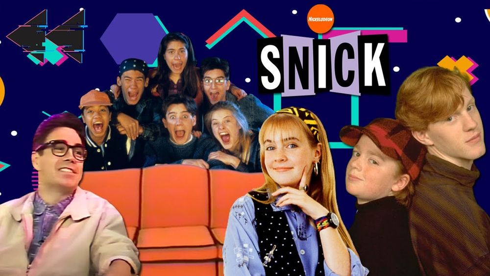 cast members of Saturday night Nickelodeon shows around the orange couch and the SNICK logo