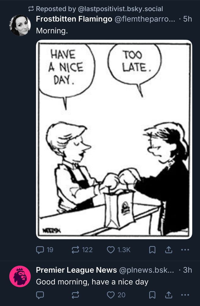 Screenshot of a post from the premier league news account saying good morning, have a nice day, followed by a post from the user frostbitten flamingo saying morning with an image a comic strip panel where a woman says have a nice day and hands a bag to another woman who responds too late. 