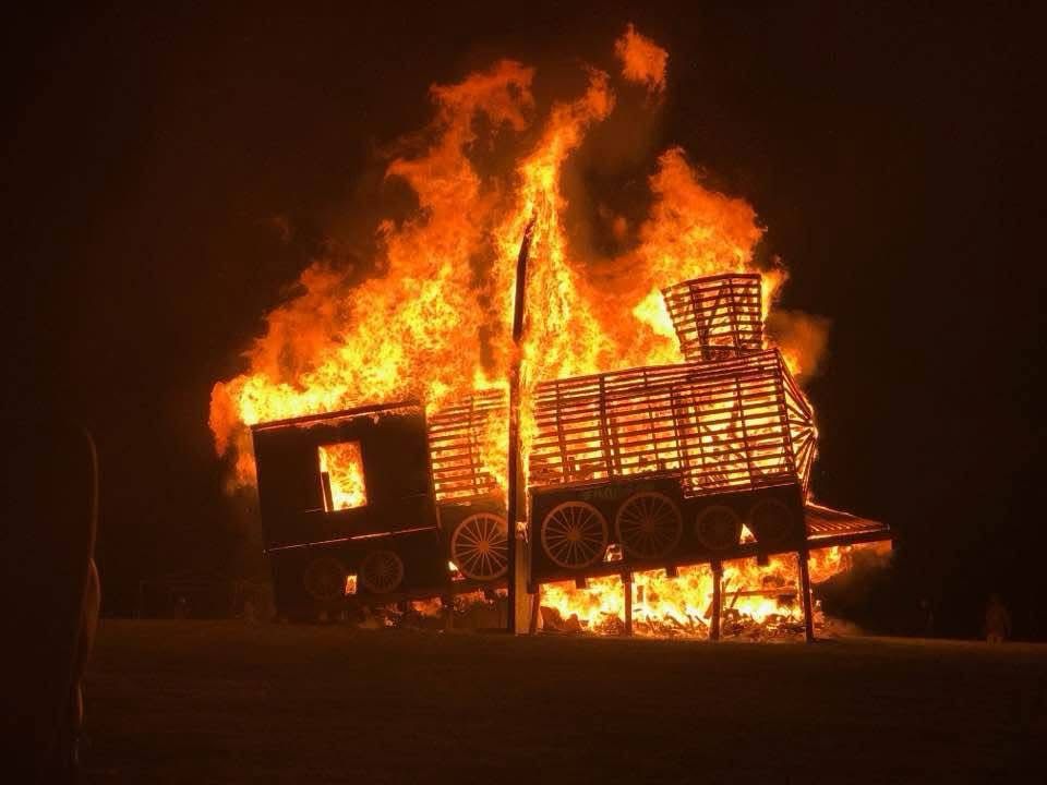 The train engine effigy Saturday night of the burn all a flame 