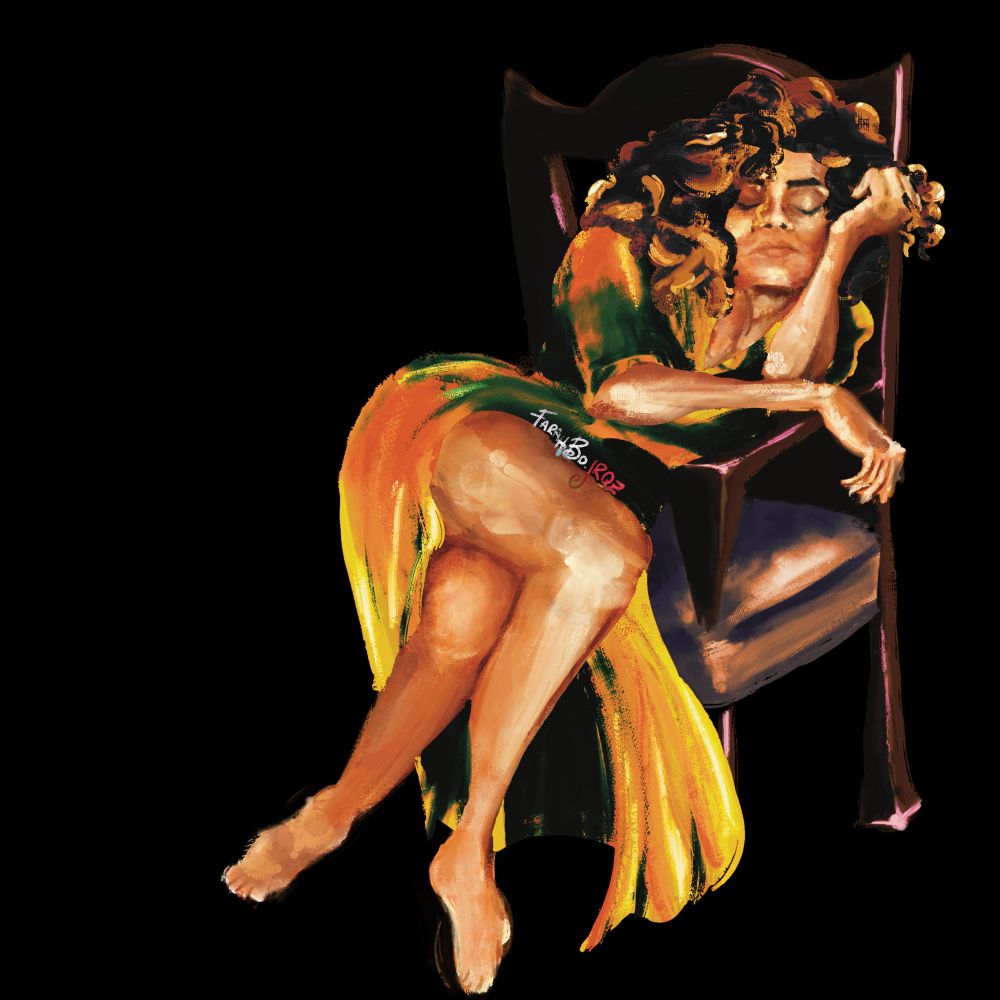 a digital painting of a woman sitting in a chair, leaning heavily to the side on one of the armrests. her chin is propped up in her hand, but she appears to be sleeping. her hair is blonde, voluminously curly, and her dress is a slightly darker shade than her hair. she is not wearing shoes.