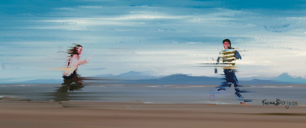 A digital painting a scenic view of a stretch of road, with the ocean behind it and a mountain view behind that. The paint strokes are deliberately horizontal, smearing the colour across the image. The sky is blue with a smattering of clouds. Two people are running across the stretch of road: on the left, the character Bart Curlish is mid-run, holding a machete in her hand aggressively. On the right, the character Ken Adams, also mid-run, is turning his head back to look at Bart. They, too, are painted with the horizontal paint strokes, leaving streaks where they both blend into the background. 