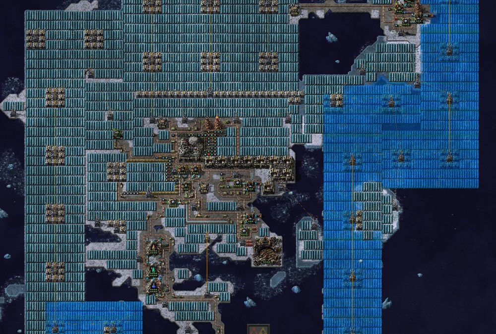 Screenshot of Factorio base on Aquilo with way to many solar panels