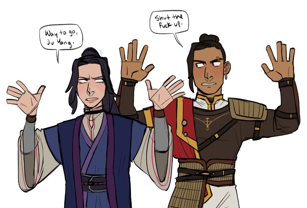 mu qing and feng xin standing with their arms up, palms forward. mu qing is rolling his eyes and says, "Way to go, Ju Yang." feng xin looks annoyed and responds with, "Shut the fuck up.'