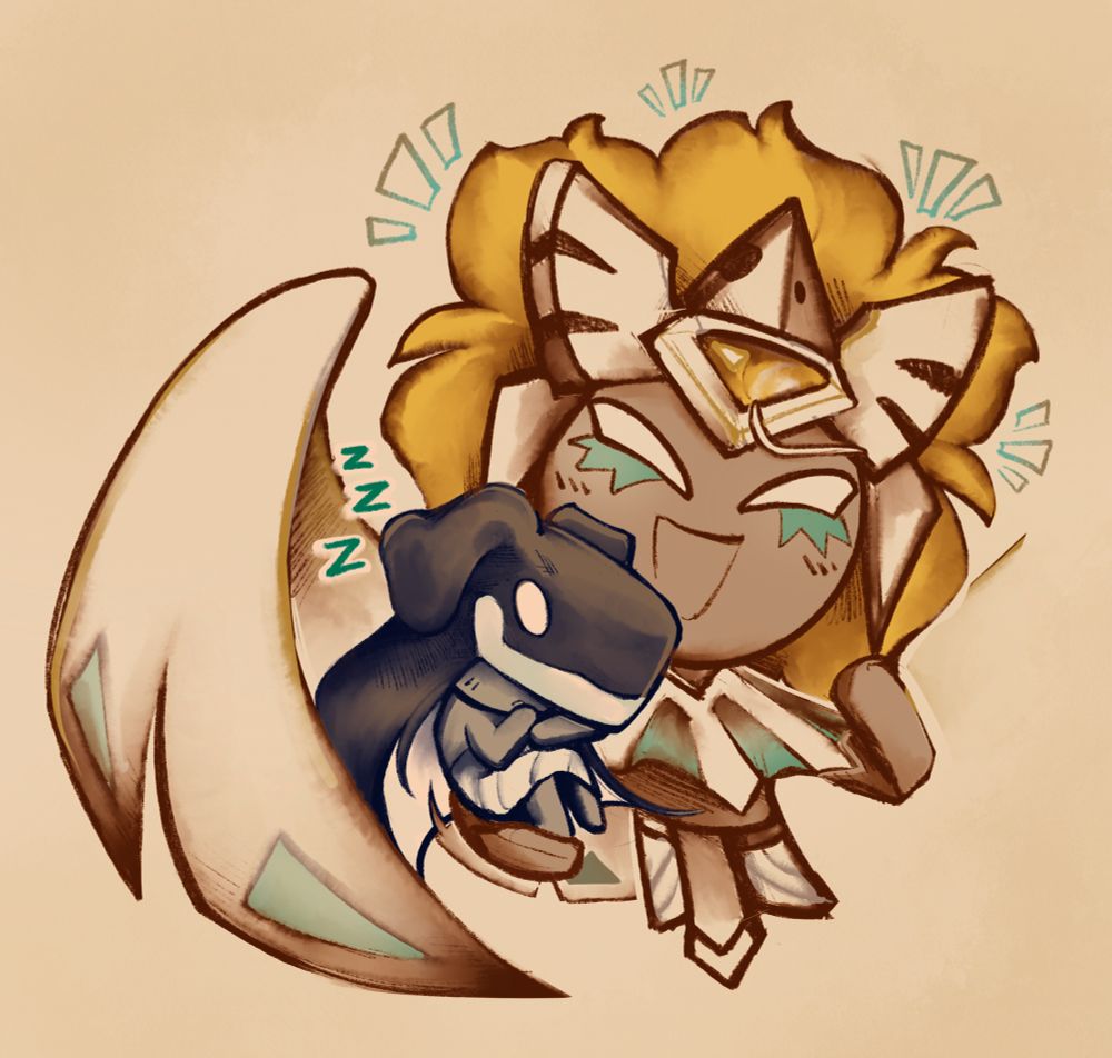 Golden Cheese Cookie from Cookie Run Kingdom holding baby Burnt Cheese Cookie in the bough of one arm. He’s fallen asleep, and she doesn’t seem to mind as she continues conversing happily with someone. 

Burnt Cheese’s jackal cowl has little floppy ears because he’s just a little puppy ;u;