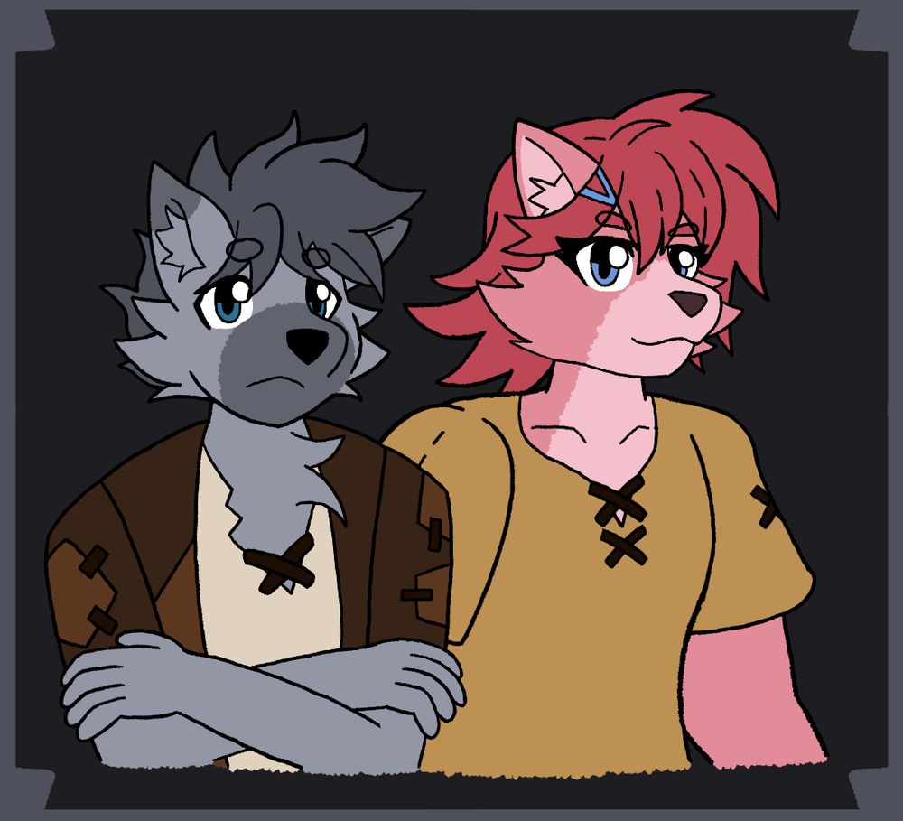 Drawing of Todd and Trie Foxborough, gray and pink anthro fox kids