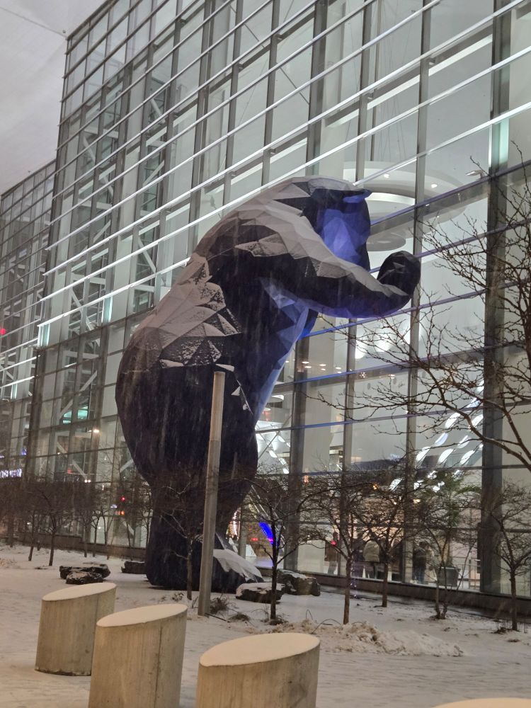 Blue Convention Bear at night in the snow