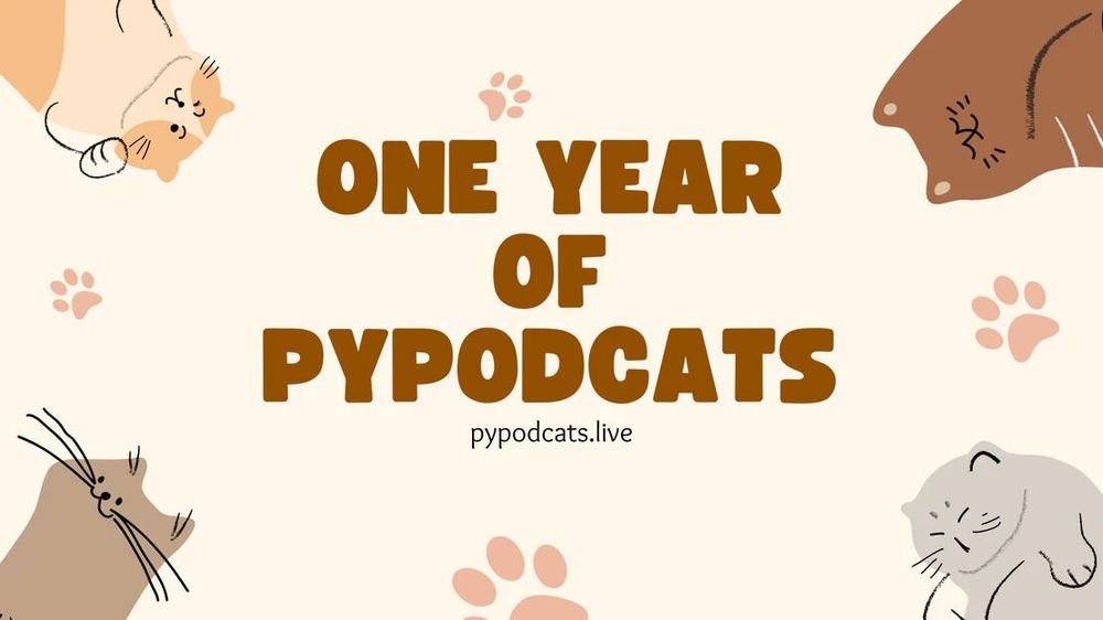 Picture showing 4 cat drawings and header: One year of Pypodcats