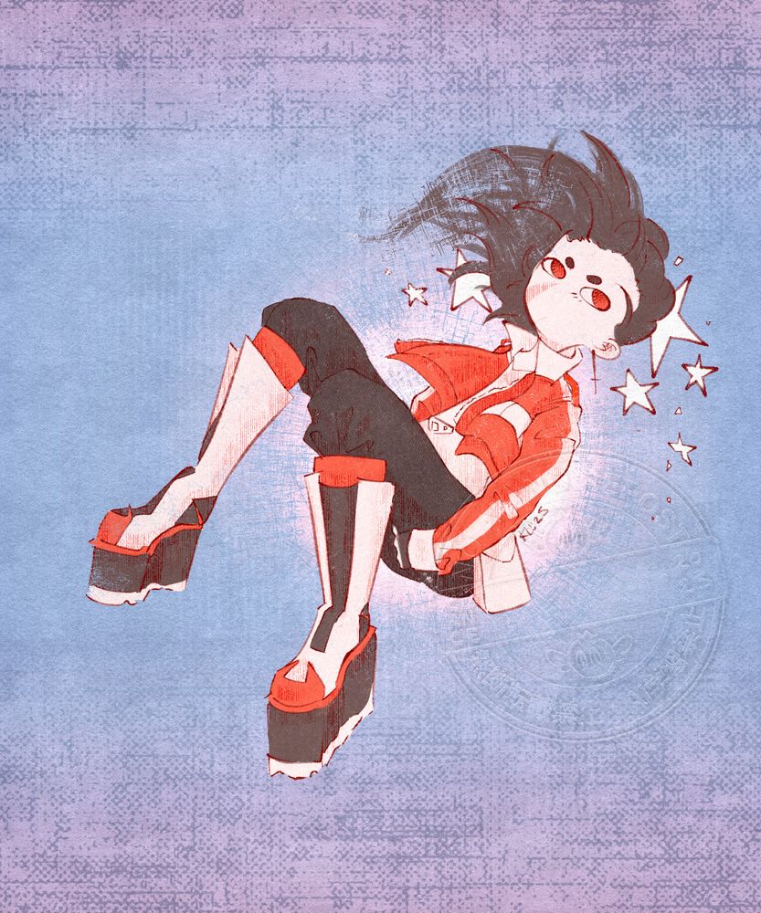 digital illustration of keith from voltron legendary defender against a textured blue background. he is drawn cartoonishly floating backwards with stars by his head, in a limited palette of red, white and dark grey.