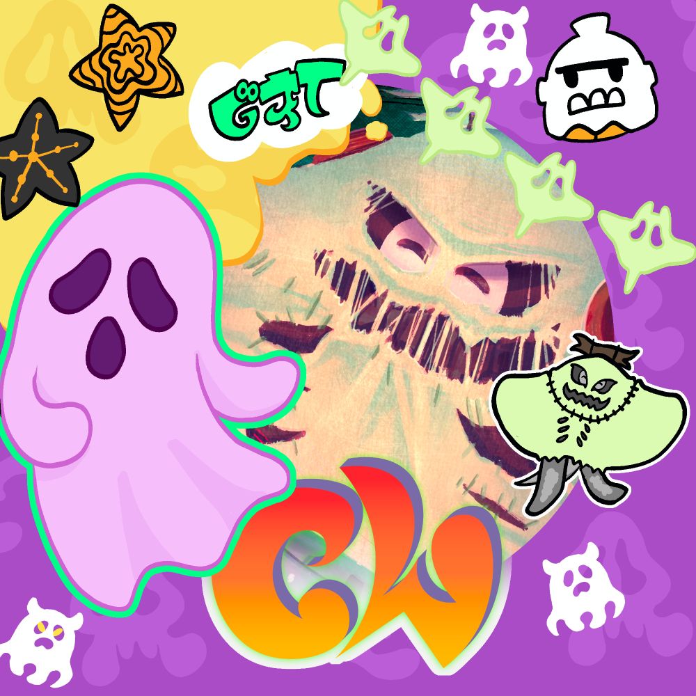 cropped image of big man from splatoon 3 surrounded by a purple, ghost themed splatoween border
