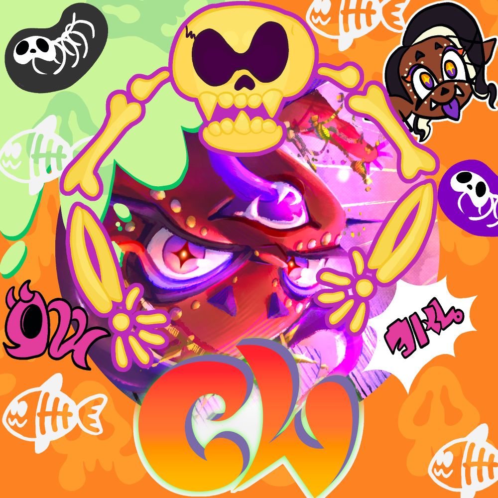 cropped image of frye from splatoon 3 surrounded by an orange, skeleton themed splatoween border