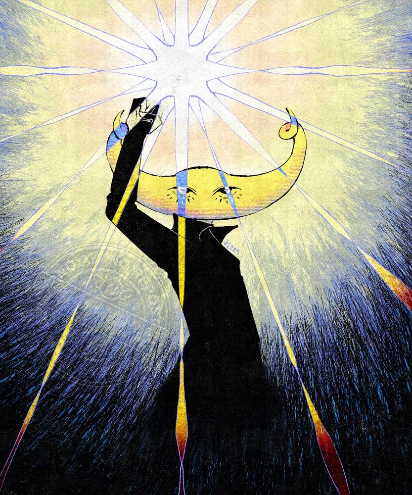 fanart of wayne for hylics 10th anniversary. wayne is pointing up at a star that illuminates the canvas and changes his head to blue where it intersects. he is staring at the camera and is against a backdrop of yellow and blue. there is a poster paper texture over the illustration.