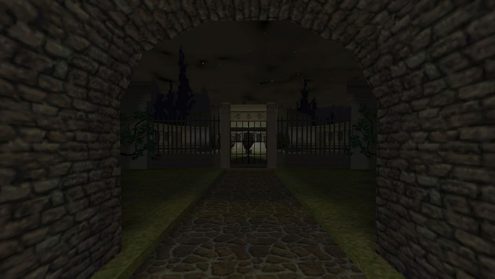 A stone tunnel entrance with a path leading to a metal gate. A large courtyard and ornate house lies beyond the gate.