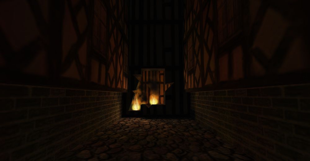A flaming hole in a wall leading into an empty room. The alleyway leading to the hole is lined with a wooden yellow building