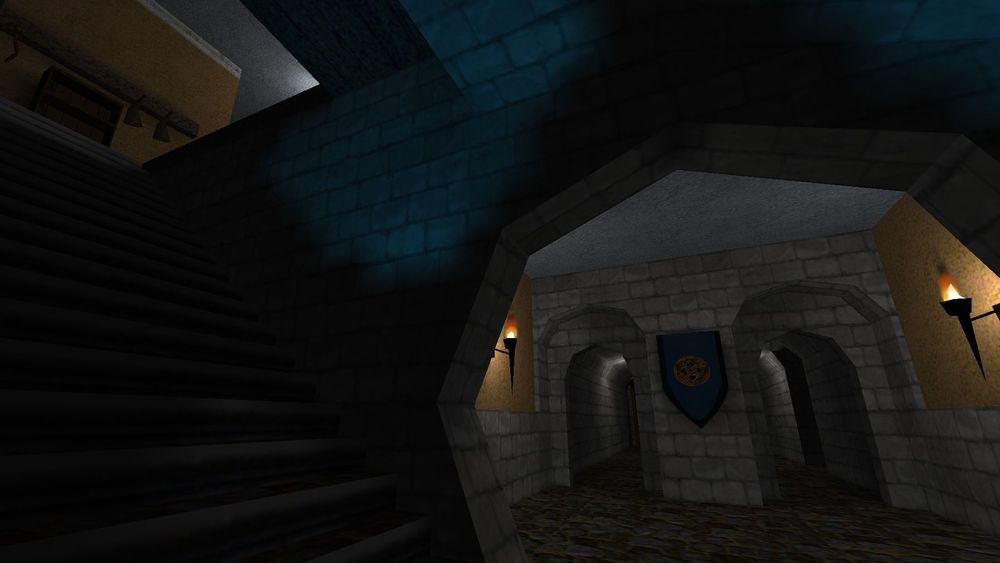 A stone stairwell and hallway, descending from a food store. The stairwell is lit with a dim blue light.
Screenshot by Garrett TMT
