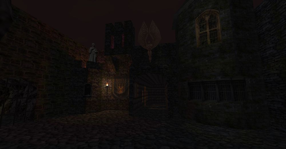 An dimly lit opening to a castle. A brass winged angel statue stands above the opening, with a single torch lighting the way.
