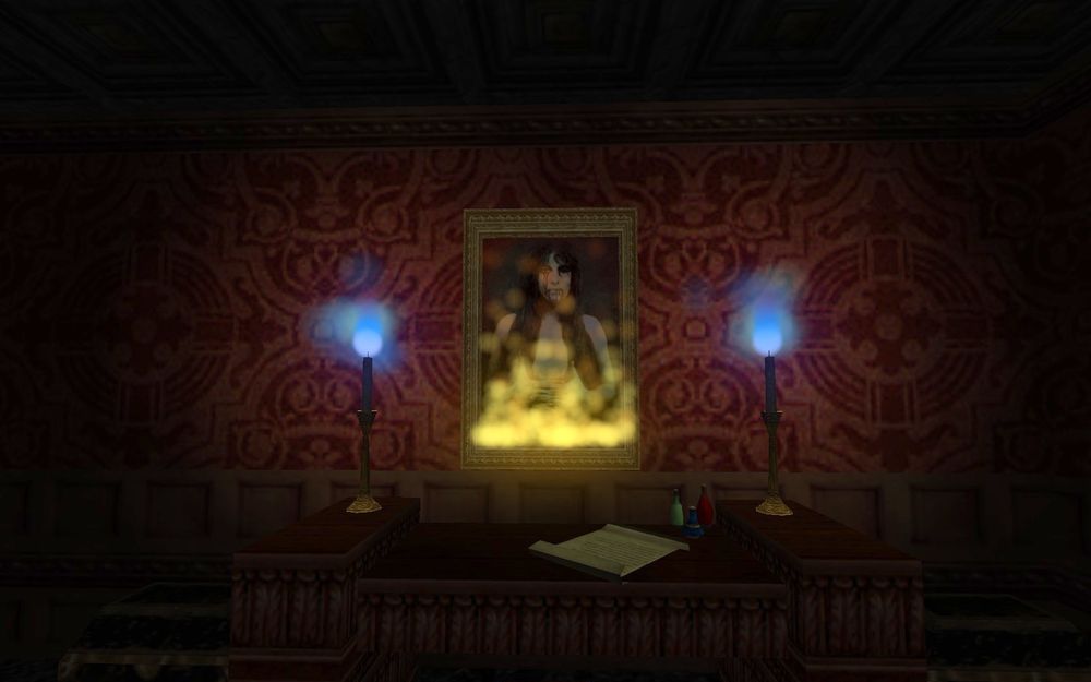A painting of a woman hanging on a red wall above a table containing two candles, some bottles, and a piece of parchment. The woman's face has been altered, missing one eye and bleeding from the other. The painting also appears to be on fire.

Screenshot by GarrettTMT