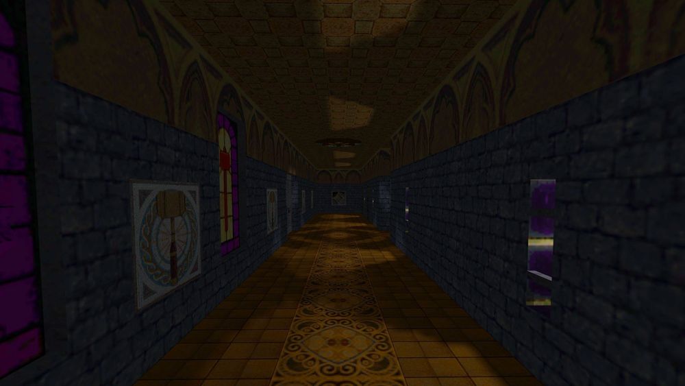 A long ornate hallway. The floor is made of orange tile and carpet, while various religious symbols depicting hammers decorate the walls.
Screenshot by Lord Taffer
