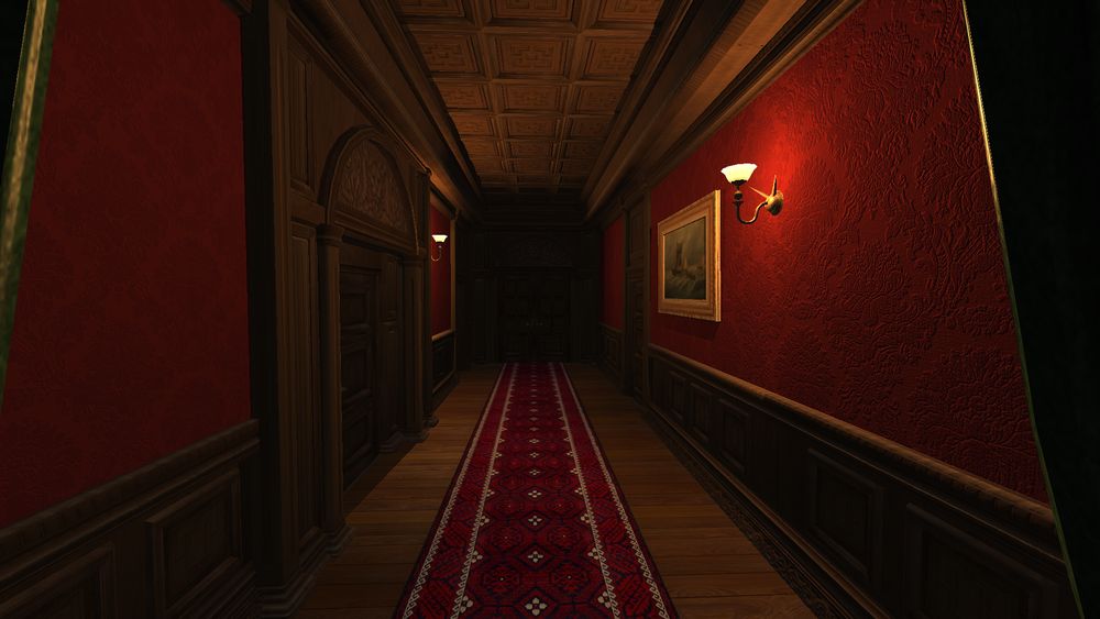 A very red hallway. A painting of a ship at sea hangs on the wall.
Screenshot by WungusDasPungus