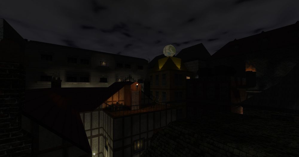 A medieval city skyline. One house has a rooftop terrace with tables and chairs.

Screenshot by Garrett TMT
