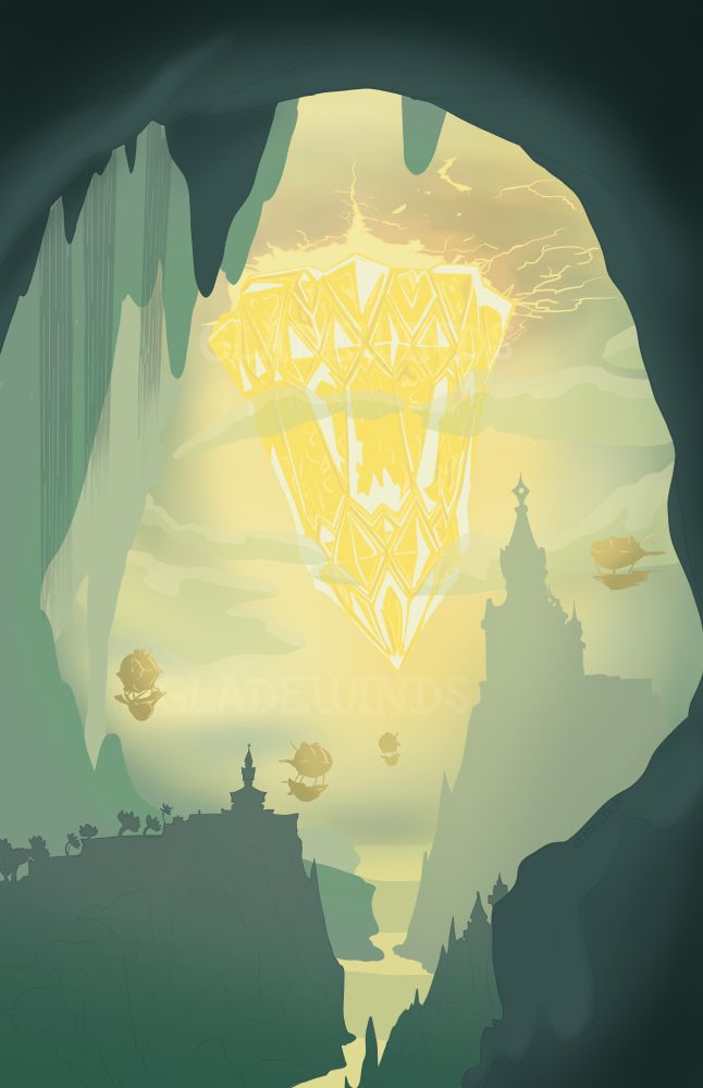Poster style of Hallowfall from world of warcraft with airships floating around a giant crystal.
