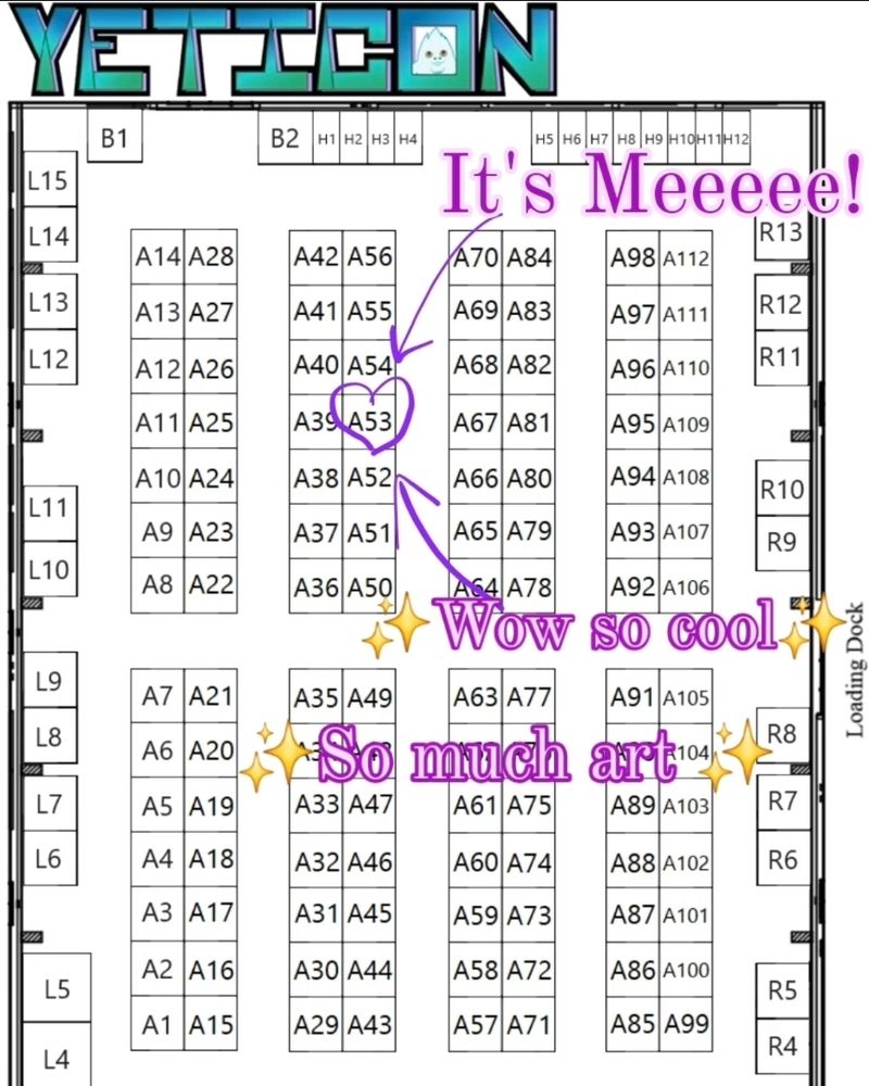 Map of yeticons artist alley with a heart around table A53 and the text 'its meee!' 'WoW so cool' and 'so much art' around it.