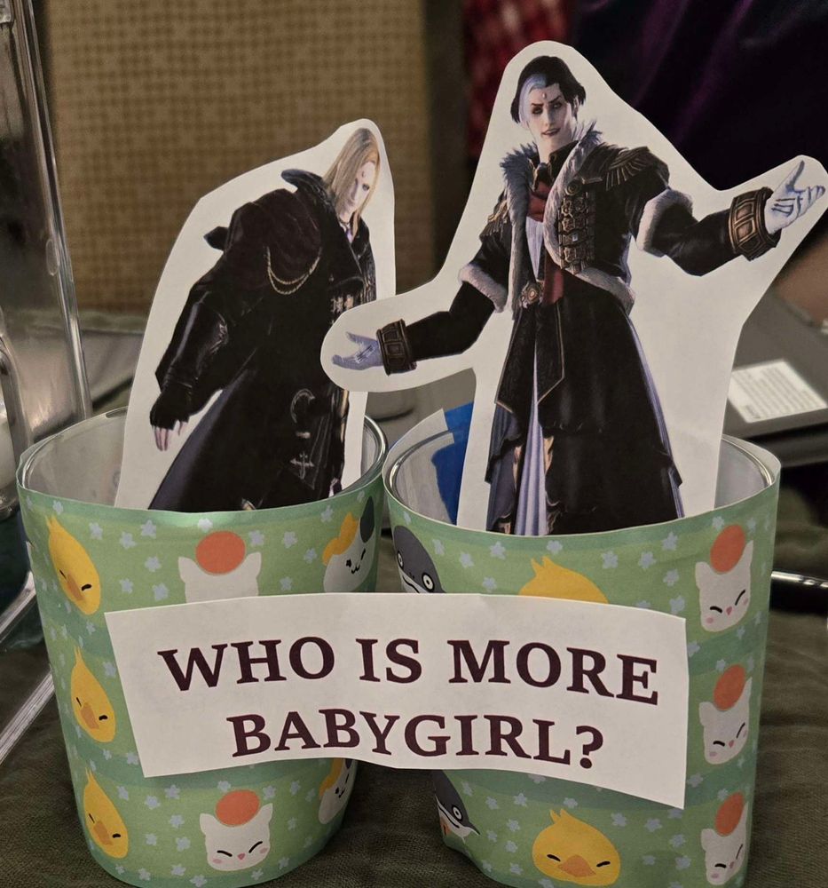Image of tip jar with cut outs of Zeno and Emet-selch with the question of Who is more baby girl on the bottom.