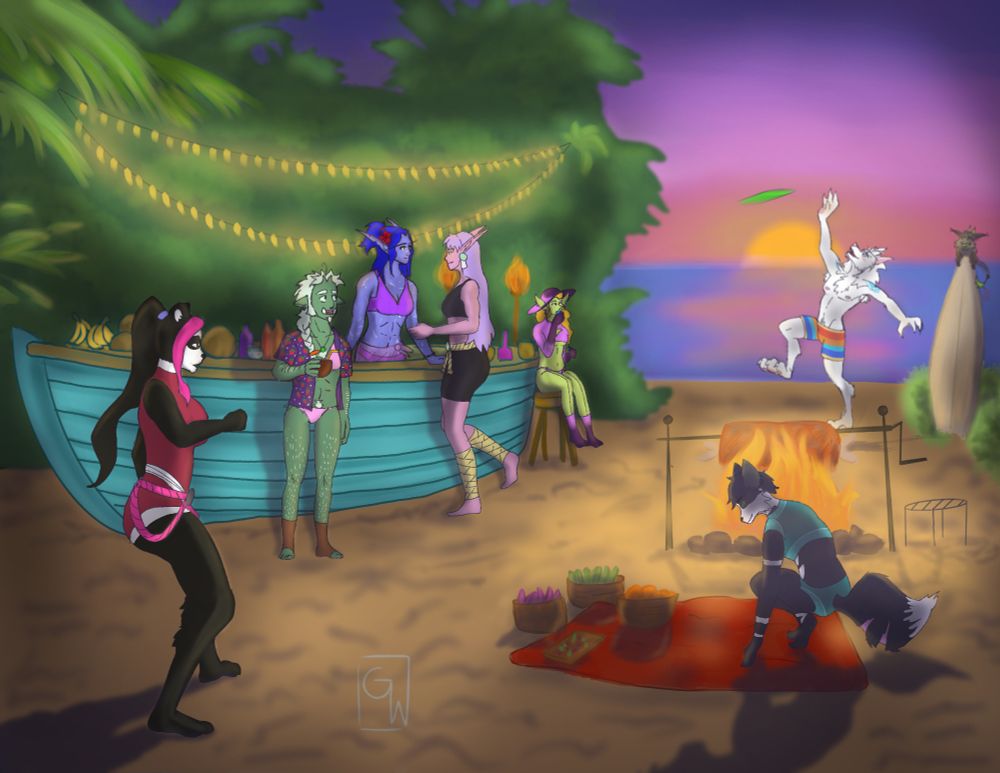 Various world of warcraft characters having a cookout on a tropical beach.