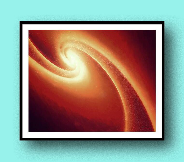 Shown on a wall: abstract art from contemporary artist/photographer Jon Woodhams. The art, while non-representational, hints at space with two swooshes swirling toward a bright spot, reminiscent of a galaxy or other space phenomenon. The colors are warm tones of red, orange, and yellow.