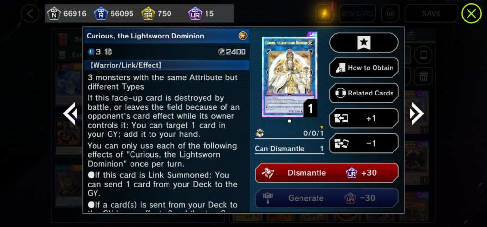 A screenshot of a Curious, the Lightsworn Dominion in Royal Rare. The card has a rainbow shine to it that is not present in regular copies of the card.