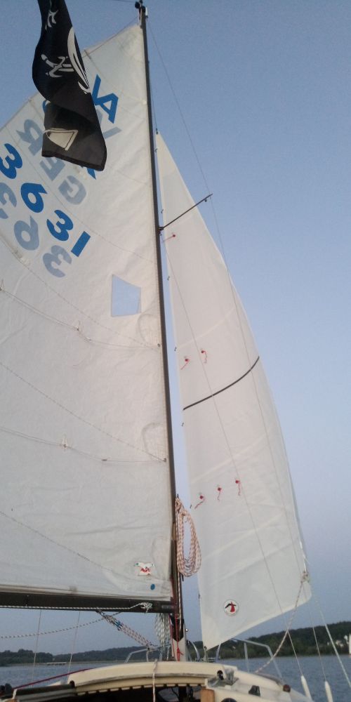 Foto aus dem Cockpit einer kleinen Segelyacht. Der Blick geht nach vorn auf den Mast und die weit offenen Segel – Großsegel an Backbord, Fock an Steuerbord. Am oberen Bildrand weht ein Jolly Roger. Am unteren Bildrand ist zwischen den Segeln und dem Deck ein schmaler Streifen Horizont zu sehen – das Wasser ist ruhig, darüber ein grüner Streifen Wald.