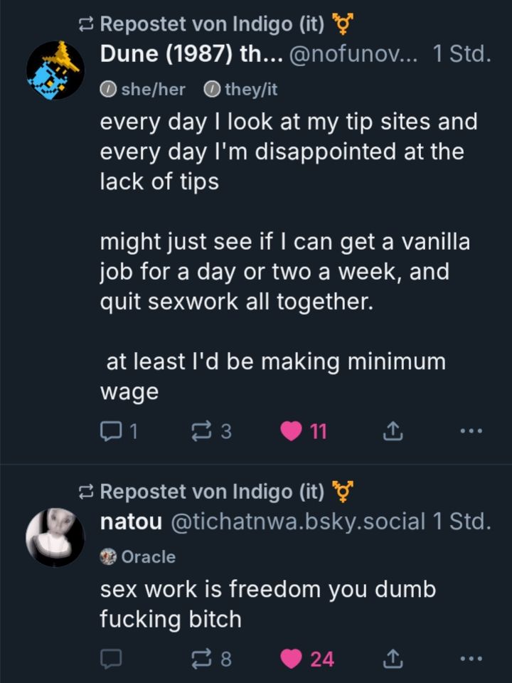 Two posts about sex work both reposted by Indigo. One by Dune saying "every day I look at my tip sites and every day I'm disappointed at the lack of tips
might just see if I can get a vanilla job for a day or two a week, and quit sexwork all together.
at least I'd be making minimum wage" and one by natou saying "sex work is freedom you dumb fucking bitch"