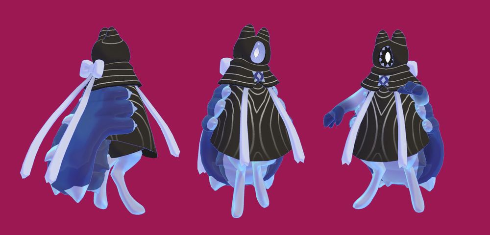 a 3d turnaround of a purple creature with a black cloak ribbons on the front and back. it has one eye which can be hidden to reveal a row of teeth and a pupil inside the head.