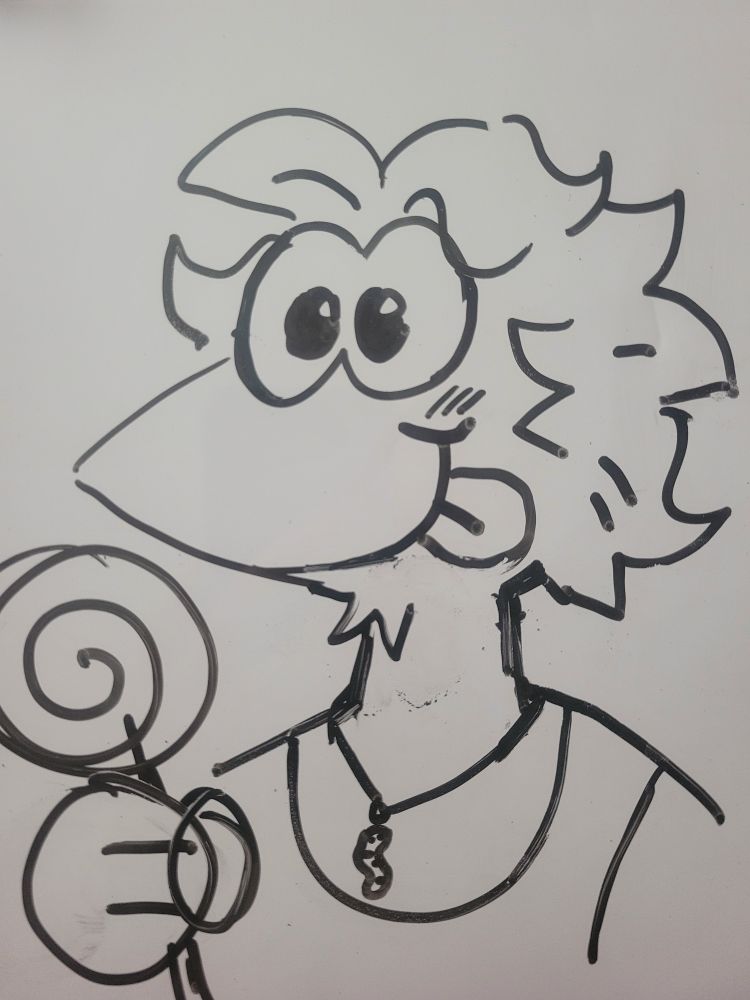 Whitrboard drawing of my sona holding a big lollipop and smiling cheerfully. Yay 